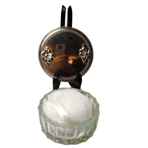 Vintage Vanity Glass Powder Box Powder Puff with Silver Plated Lid - Picture 2 of 10